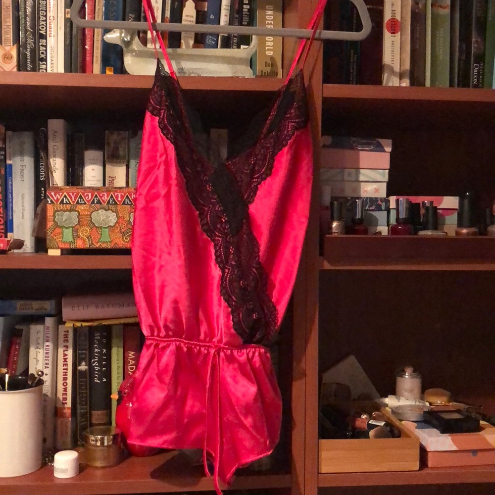 Hot pink and black lace VS romper